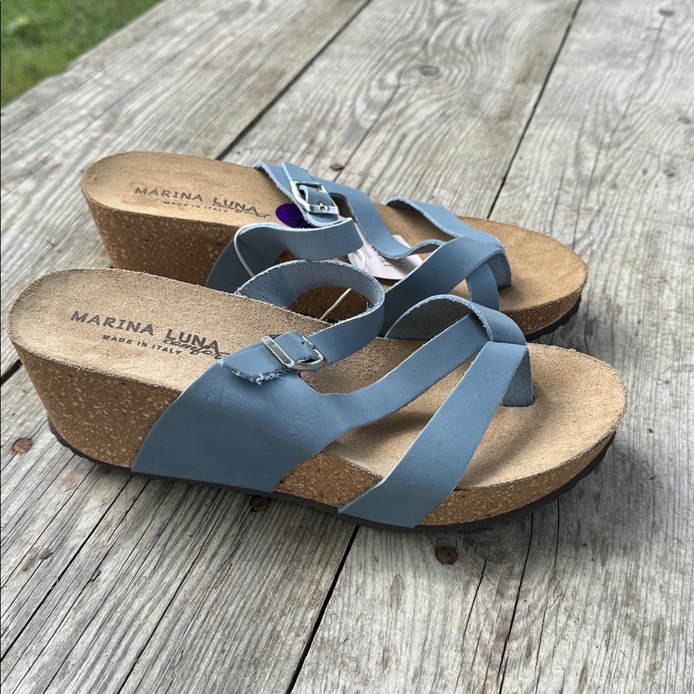 Marina Luna Blue Leather Cork Wedge Sandals
